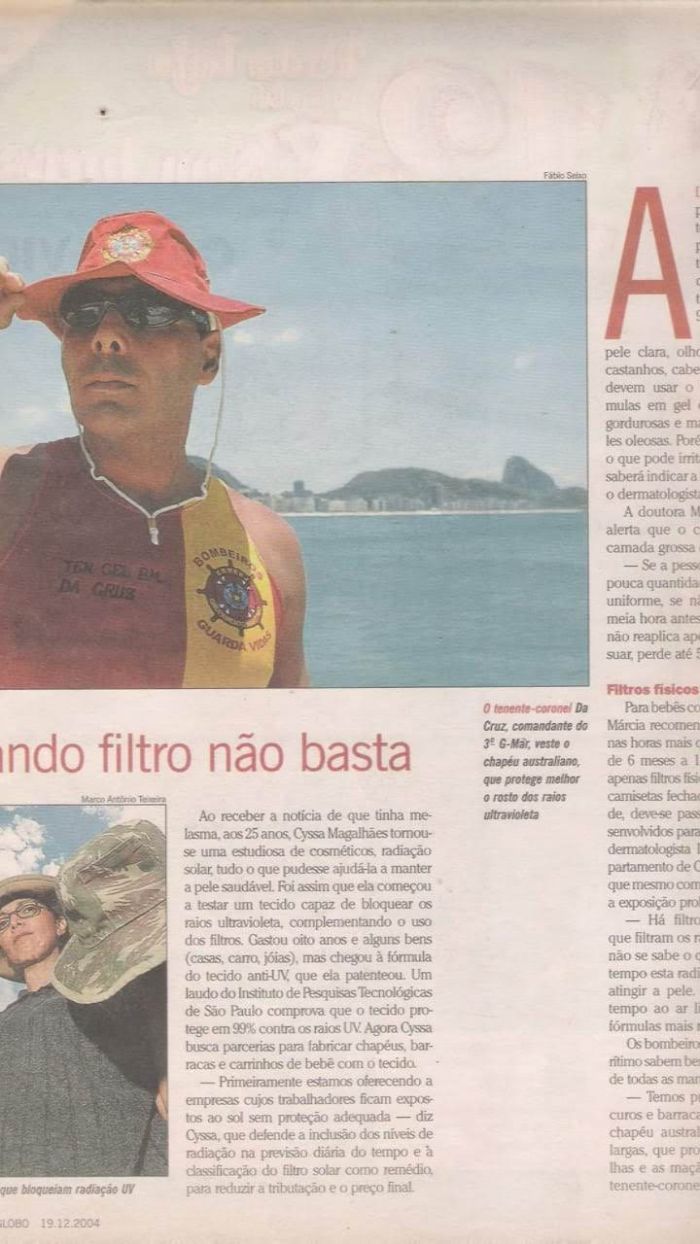 Página de O Globo de 19 de dezembro de 2004 com a reportagem sobre o tecido anti-UV